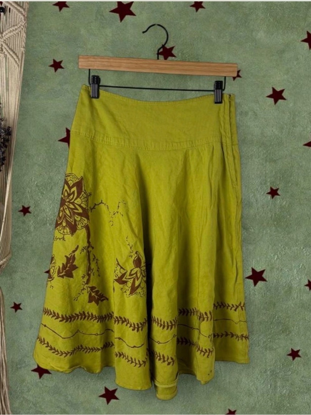 Vintage Lime Green Midi Skirt with Brown Floral Print